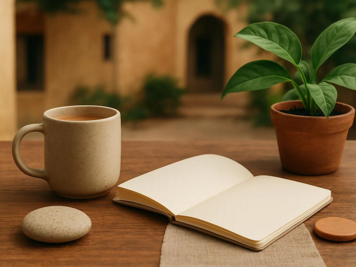 Mug, open notebook, stone, and potted plant on a wooden outdoor table