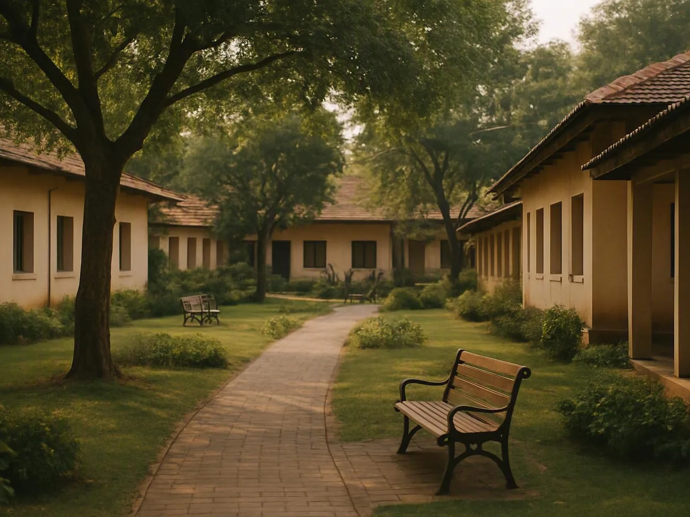 Quiet courtyard path winding between beige buildings, trees, and empty benches