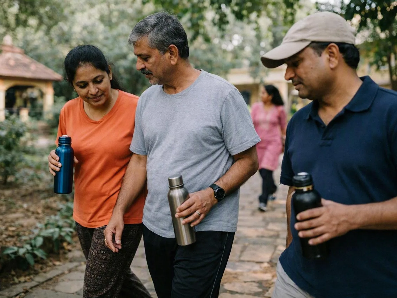 Three adults walk along a park path carrying water bottles