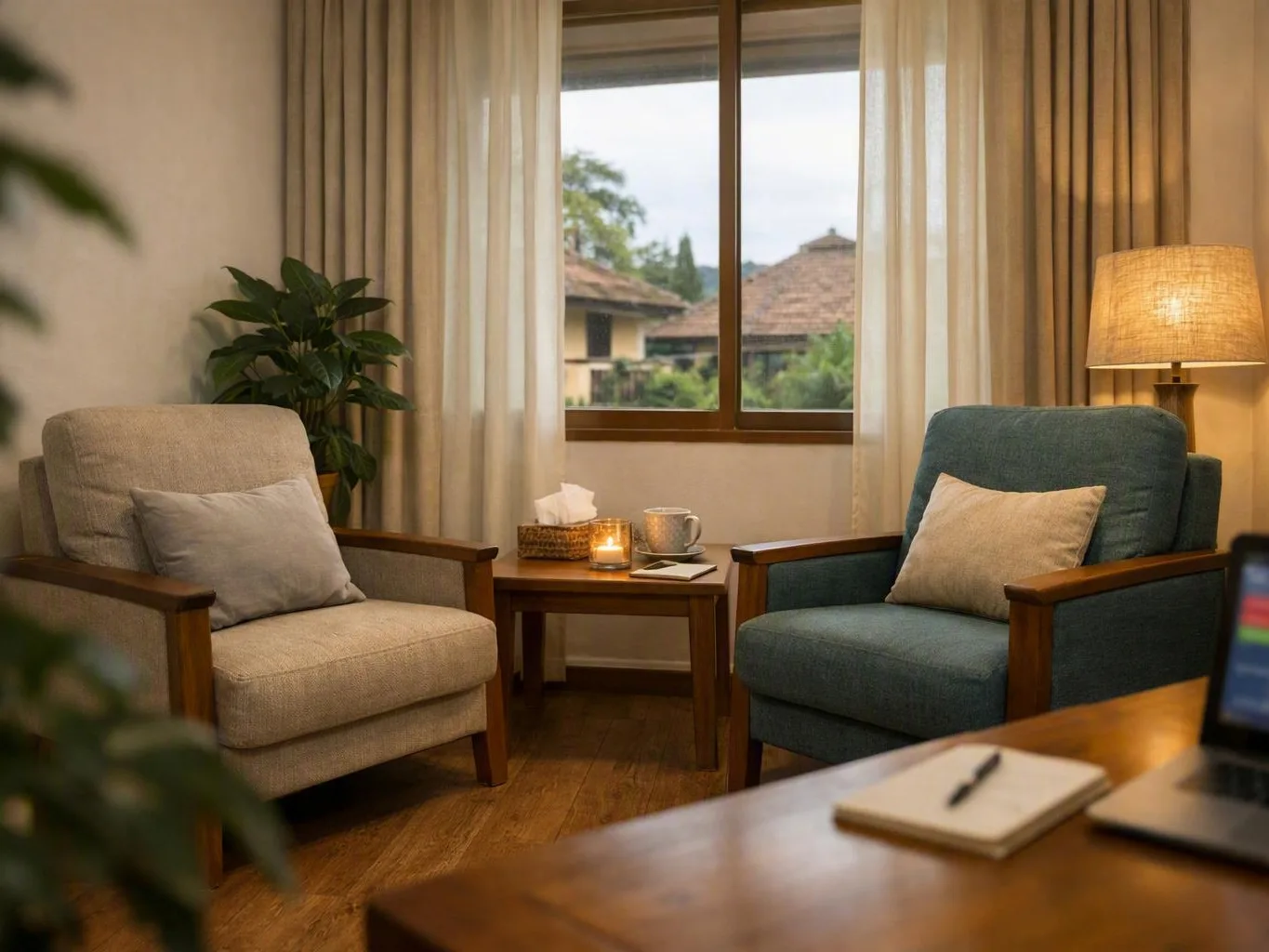 Cozy counseling room with armchairs, a side table, lamp, and curtained window