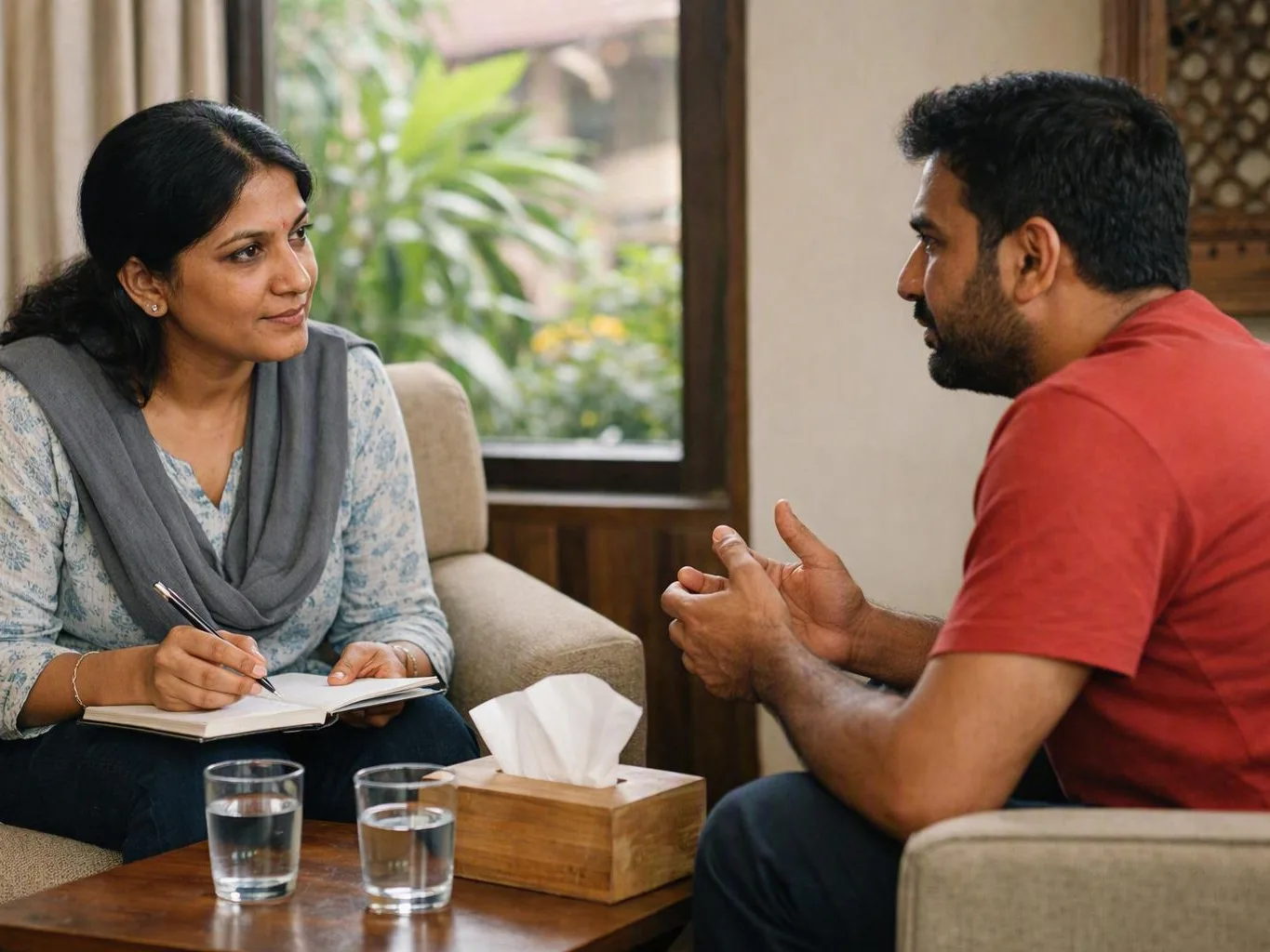 Woman taking notes while speaking with a man across a table in a bright living