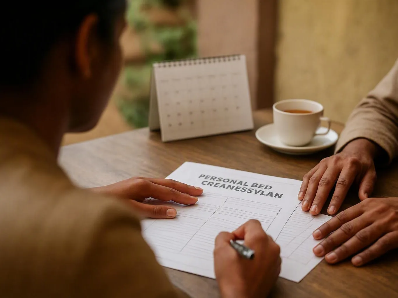 Person completing a paper form beside a cup and desk calendar at a table