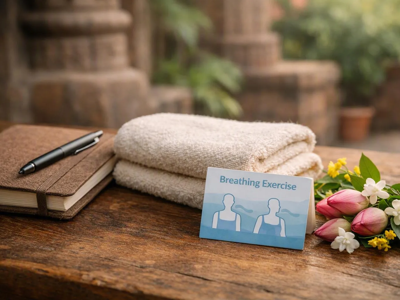 Wellness table outdoors with notebook, pen, breathing exercise card, towels