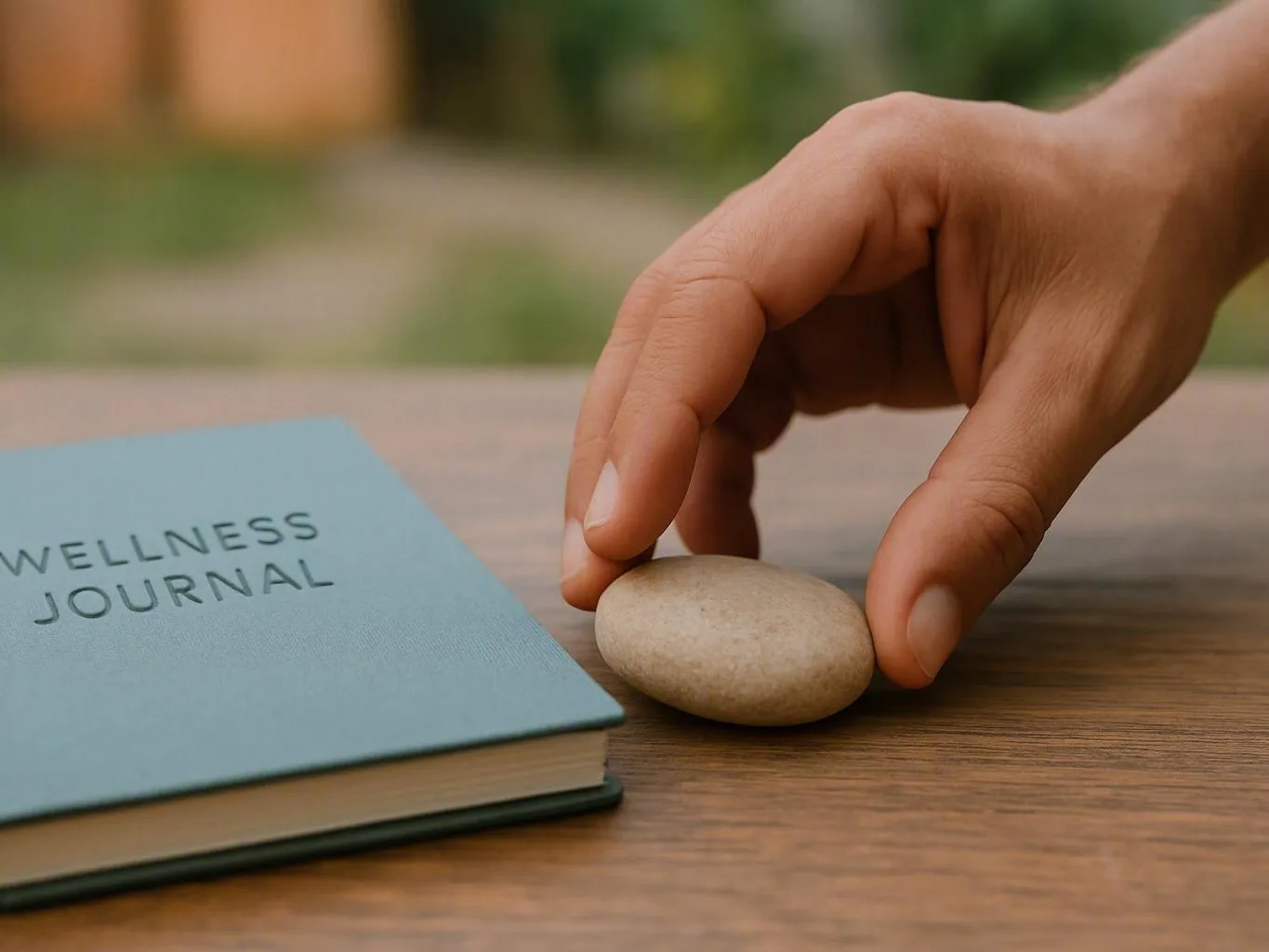 Hand placing a smooth stone beside a blue wellness journal on a wooden table