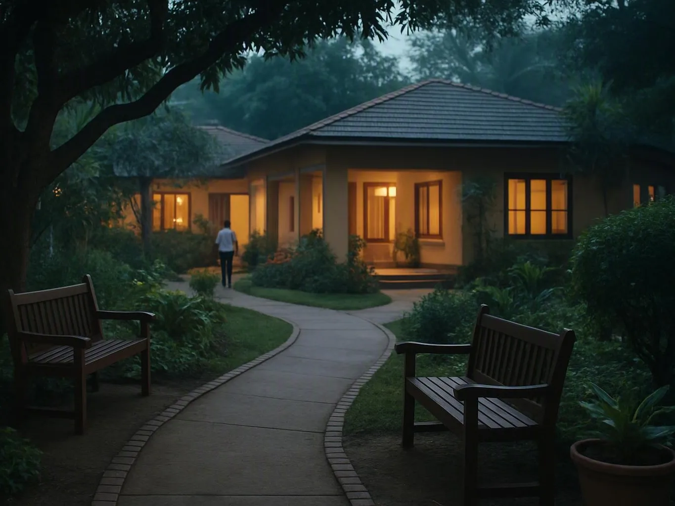 Person walking along a curved garden path toward a warmly lit house at dusk