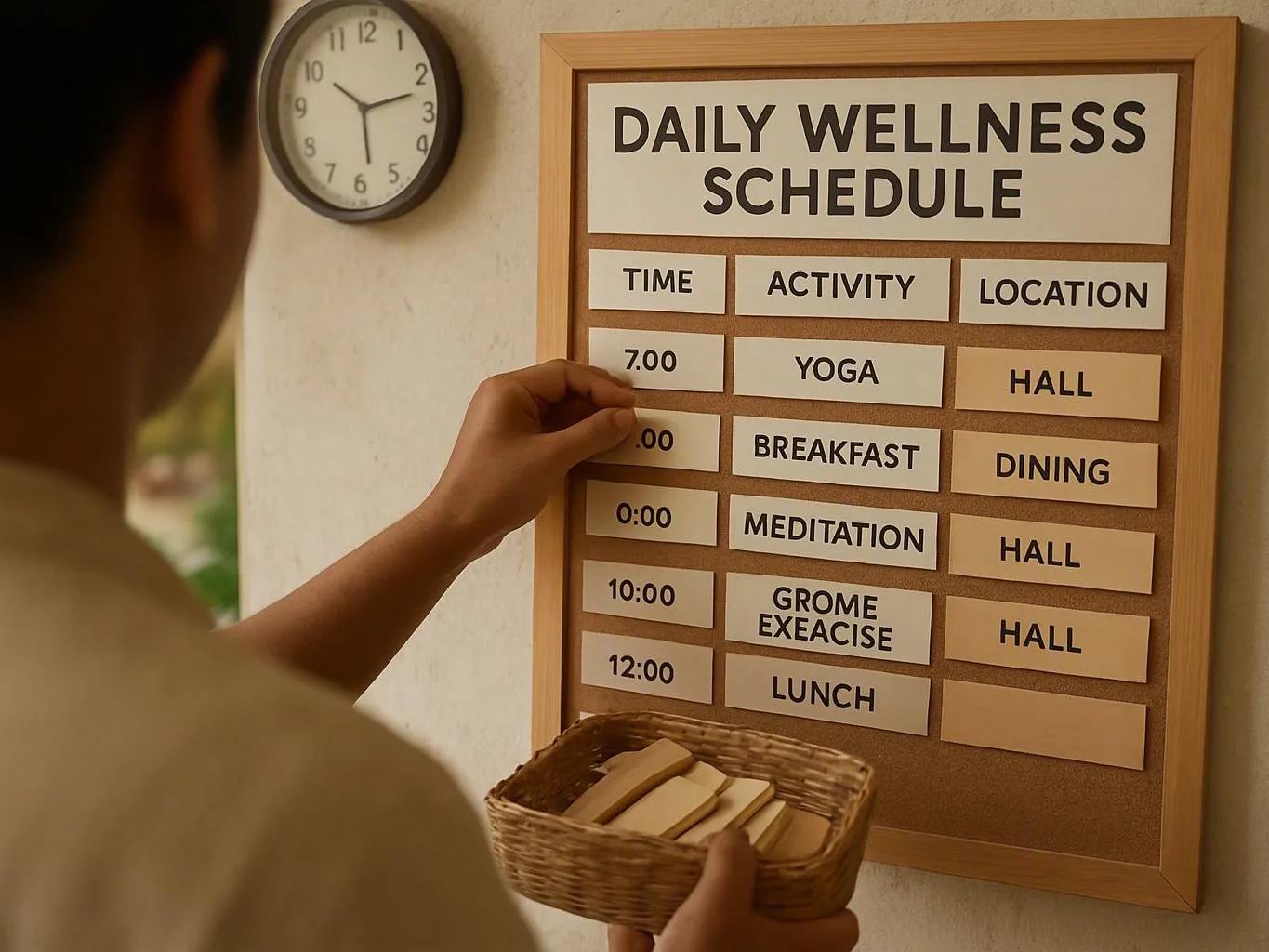 Person adding a card to a daily wellness schedule beside a wall clock