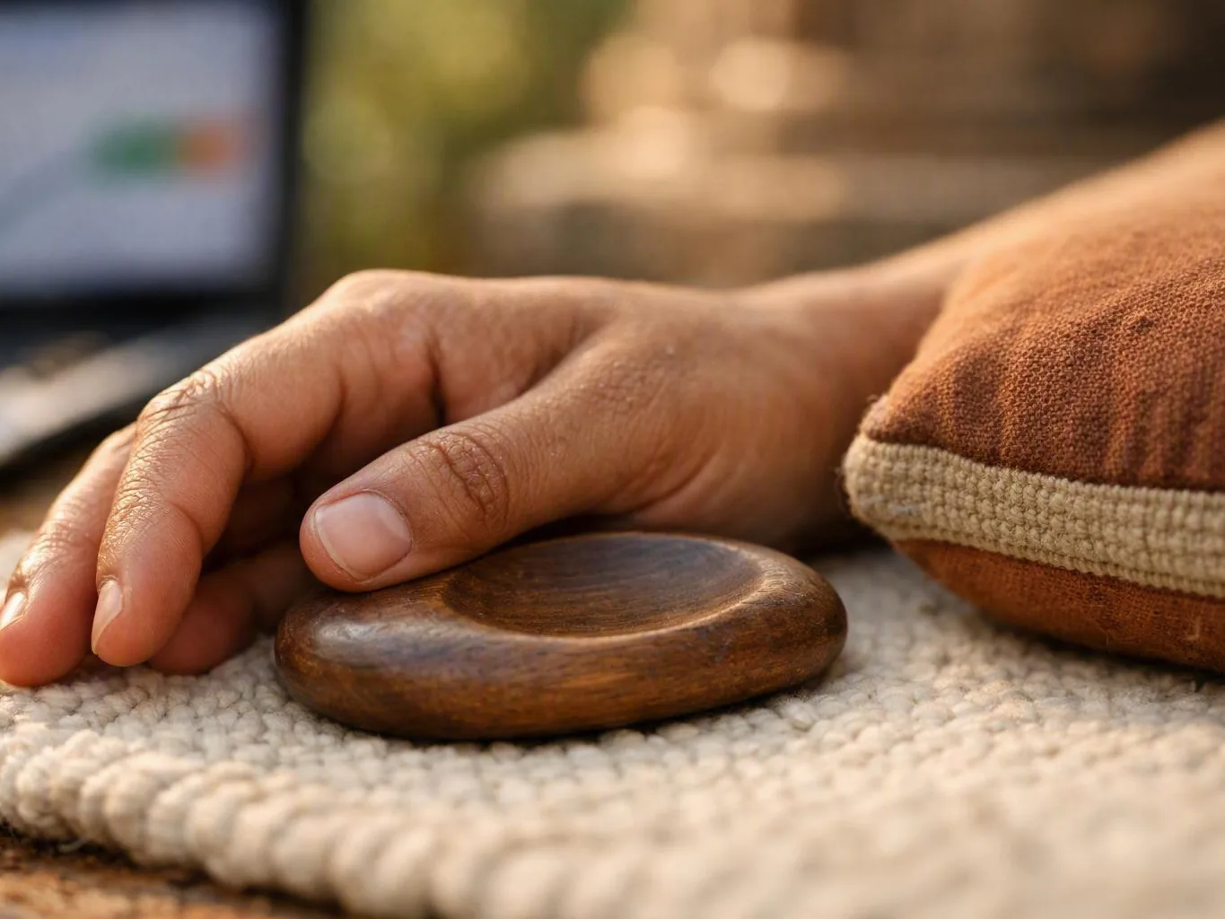 Hand resting on a smooth stone beside a cushion during a calming wellness