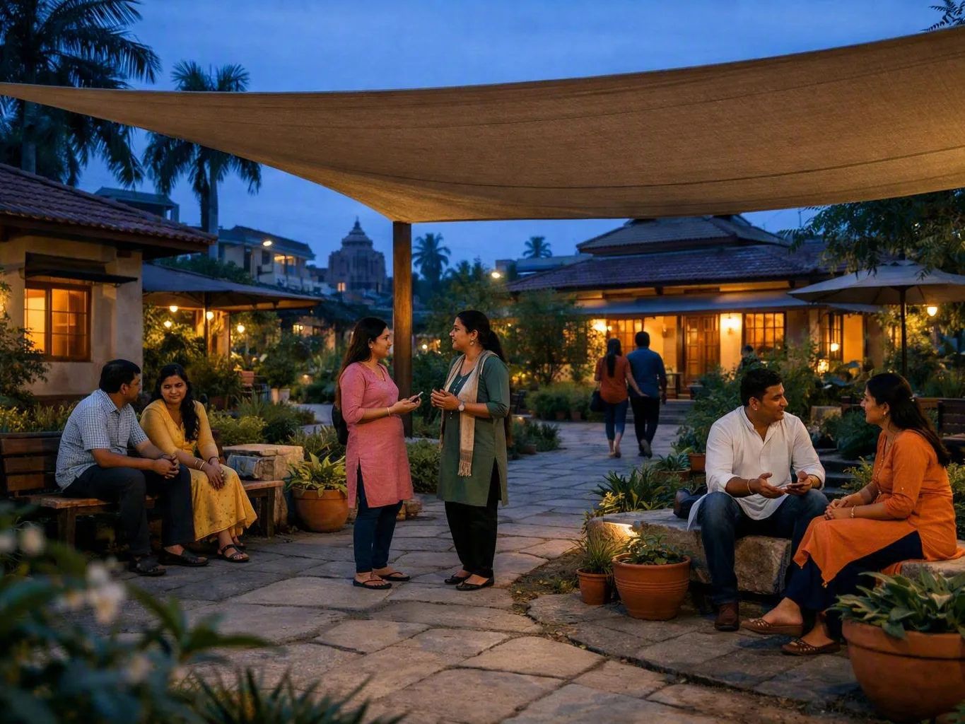 People talking together in a warmly lit courtyard beneath a large canopy at dusk