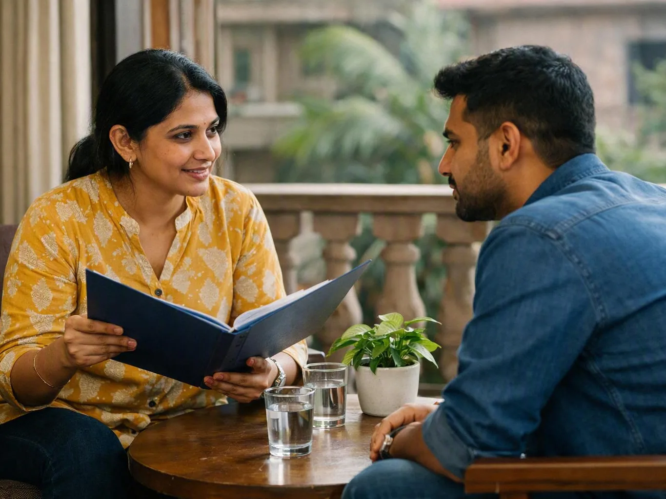 Woman showing a blue folder to a man at a small table on a balcony