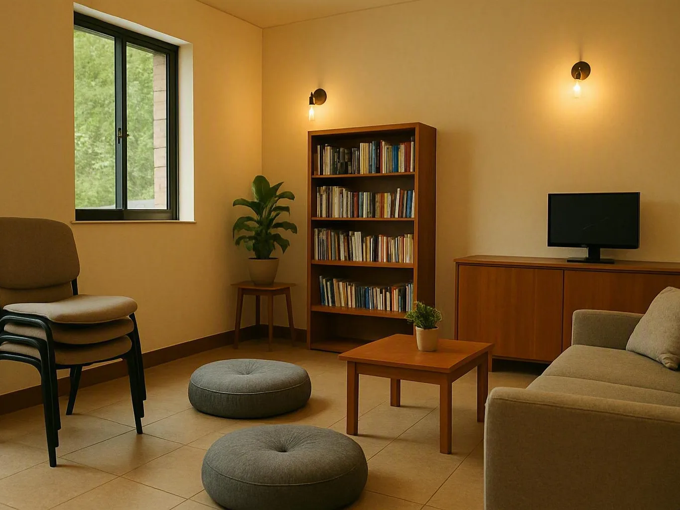 Counsellor speaking with a seated adult in a calm room