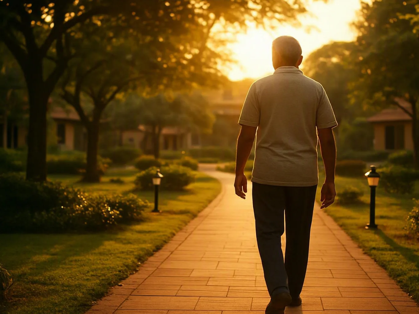 Man walking along a sunlit garden path lined with trees and small lamps