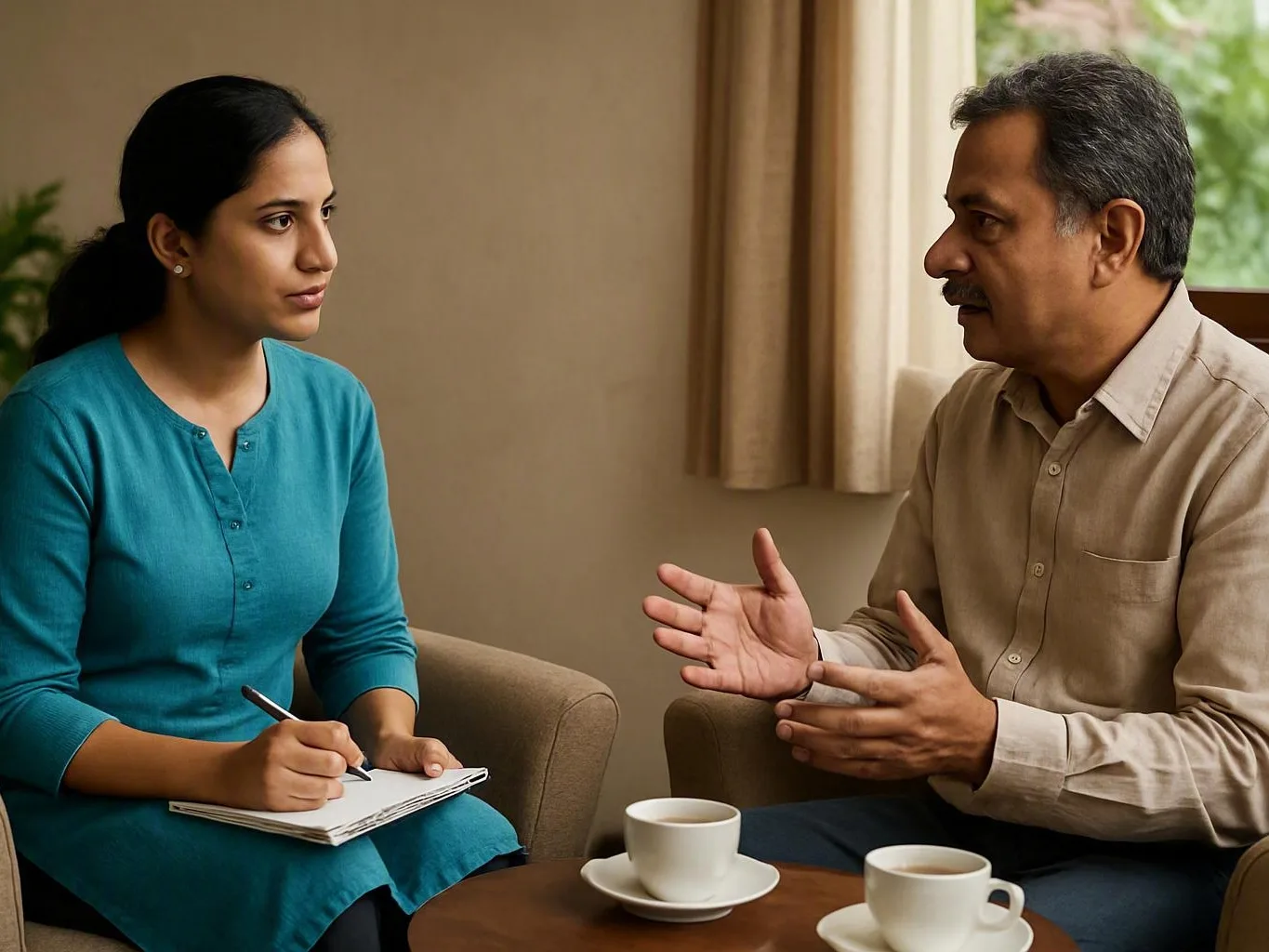 Woman taking notes as a man gestures during a counselling conversation with