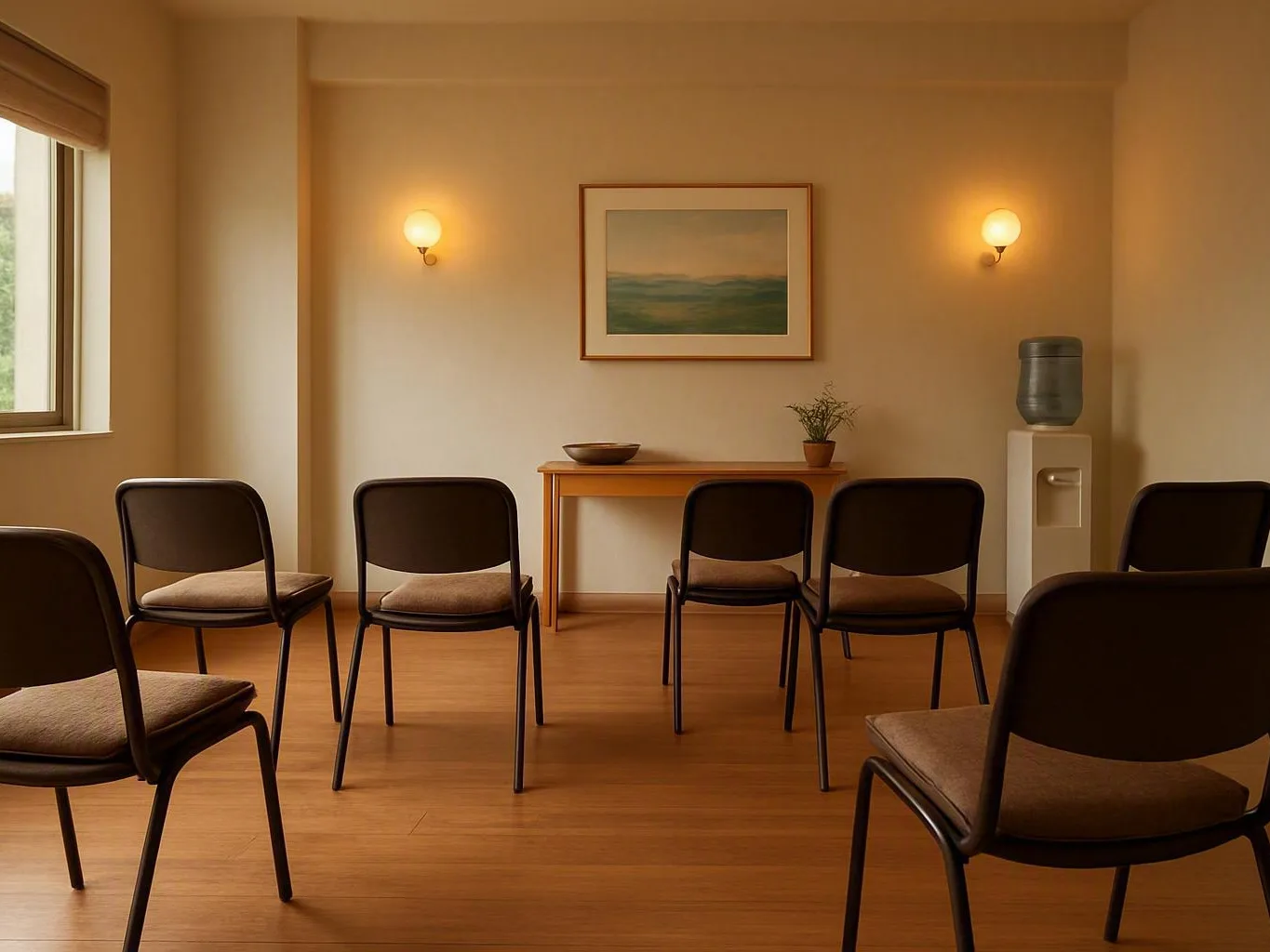 Empty counselling room with six chairs, a small table, wall art, and water