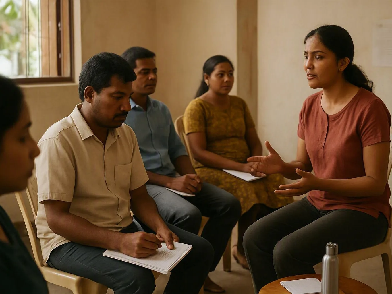 Woman speaking to a small seated group while participants take notes in a plain