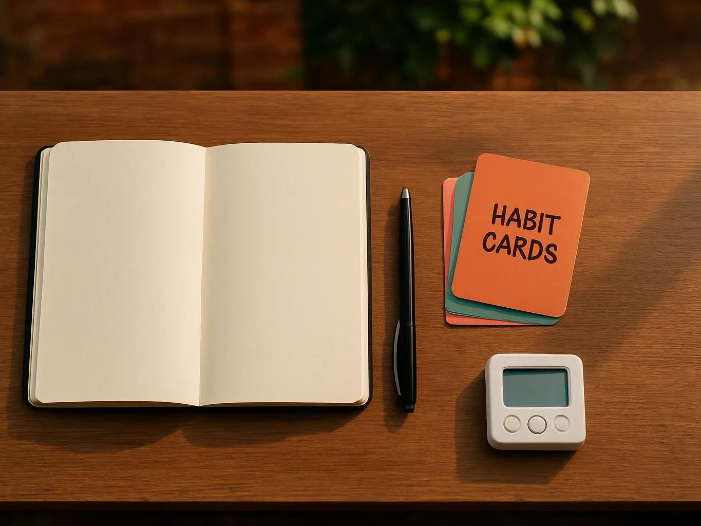 Open notebook, pen, habit cards, and timer arranged for relapse prevention