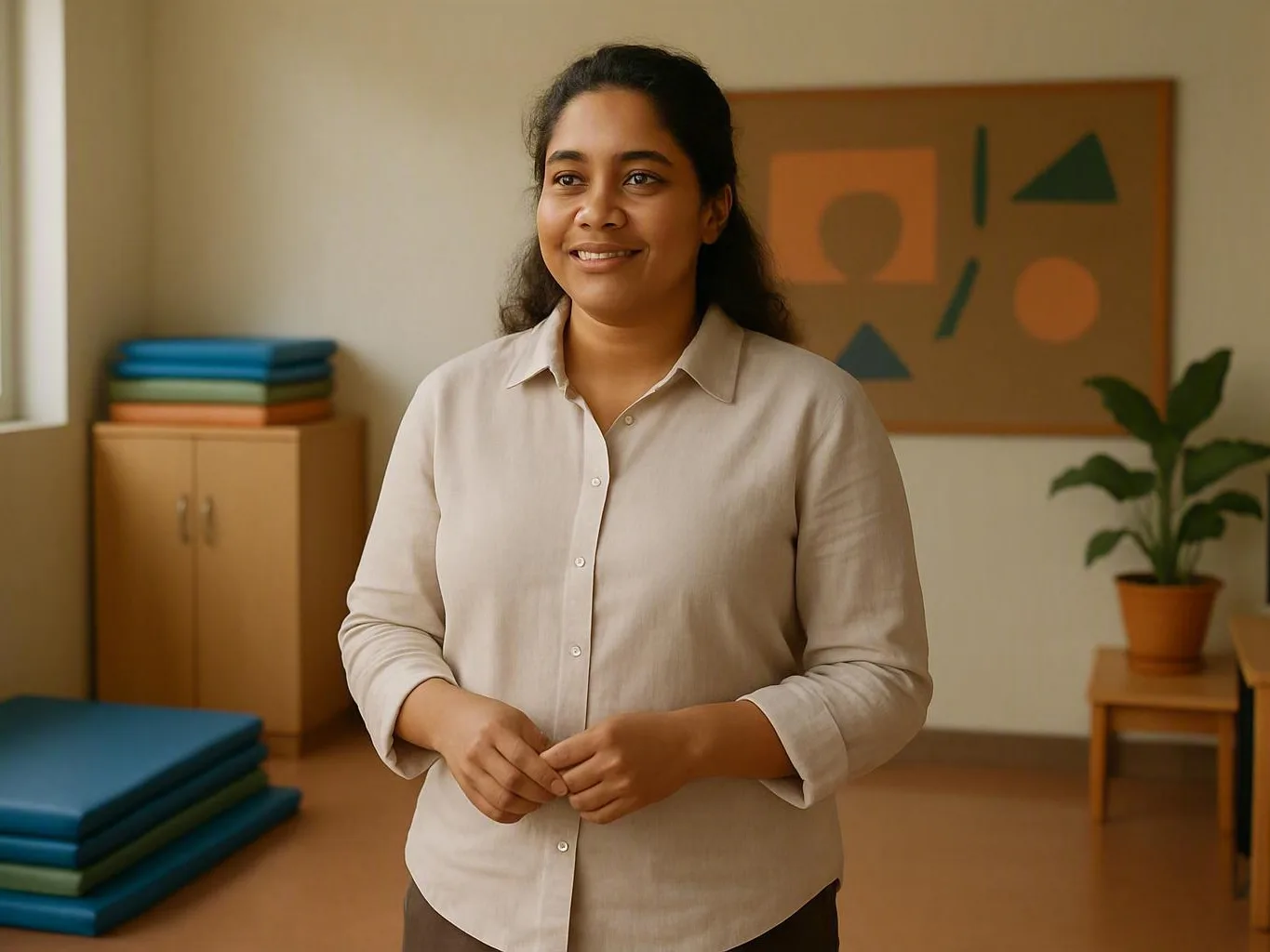Smiling woman standing in a tidy room with folded mats, cabinet, wall art, and