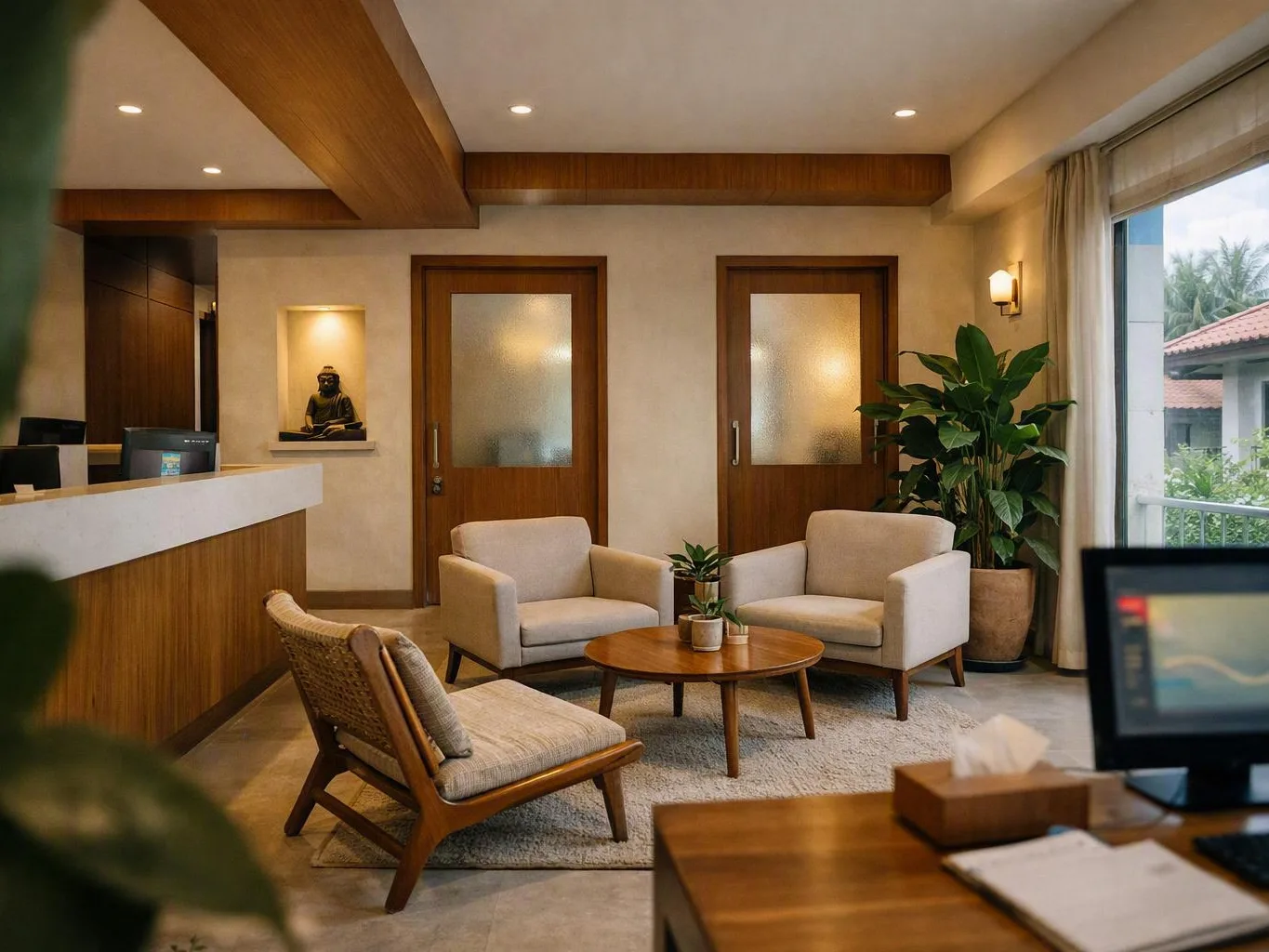 Empty hotel lobby with beige chairs, round coffee table, wooden doors, and