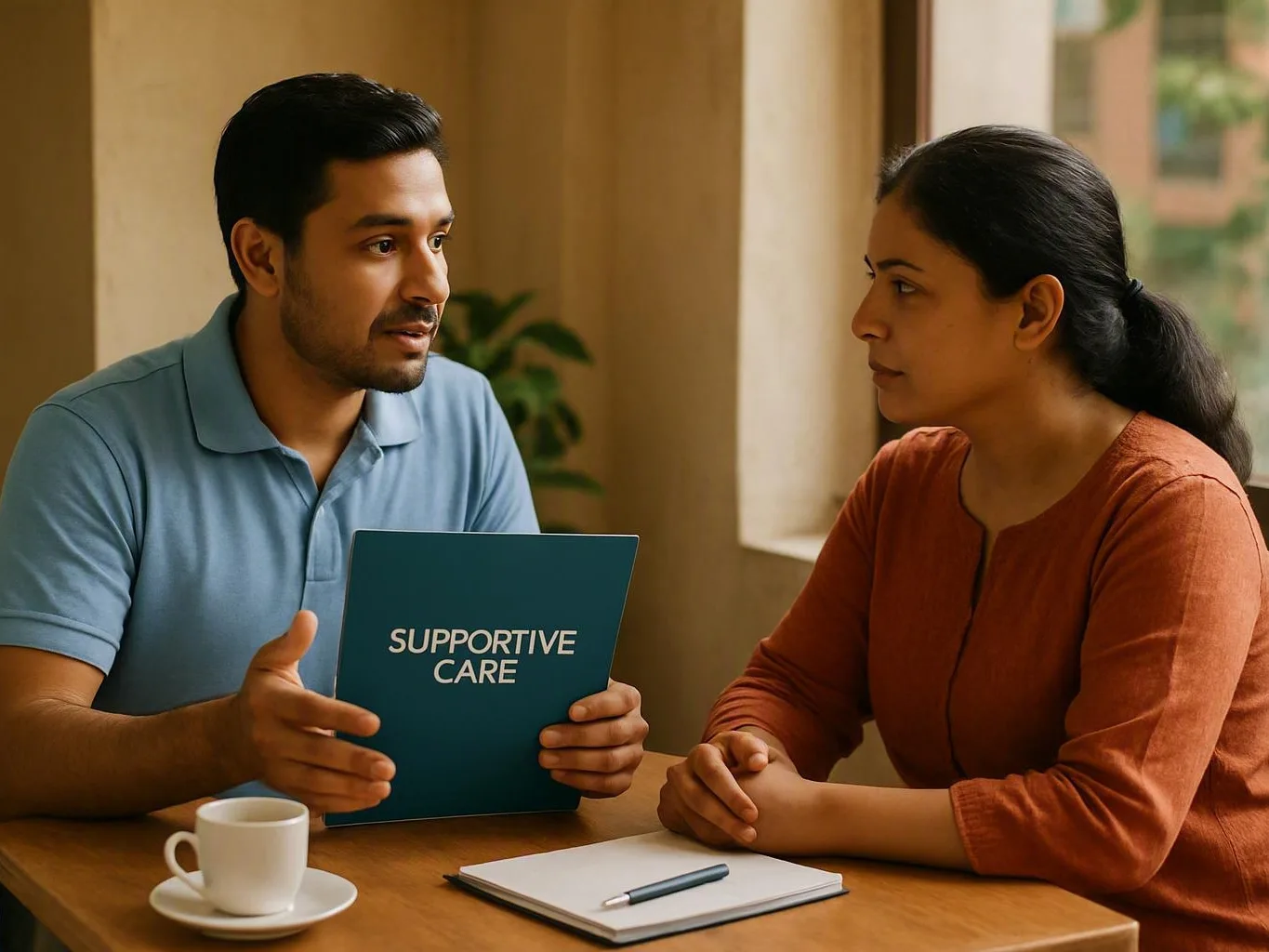 Two people discussing supportive care at a table in a bright room