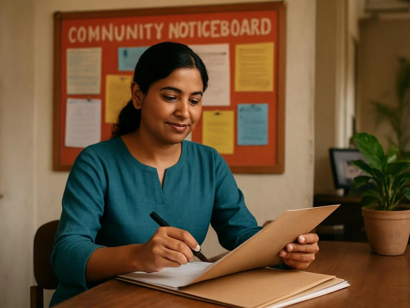 Woman writing on papers beside a potted plant and community noticeboard