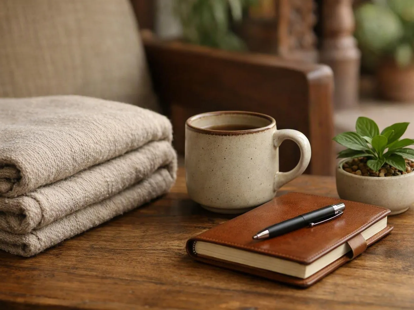 Folded beige towels, ceramic mug, leather notebook, pen, and potted plant on a