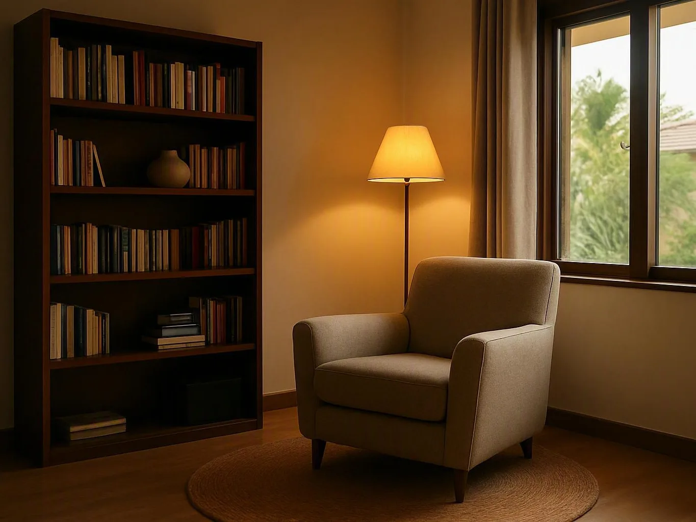 Cozy reading nook with beige armchair, floor lamp, bookshelf, and trees visible