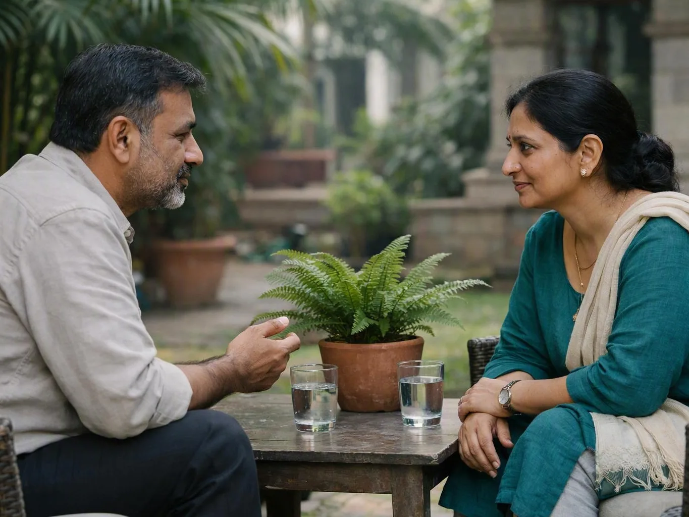 Man and woman talk across a small outdoor table with water glasses and a potted