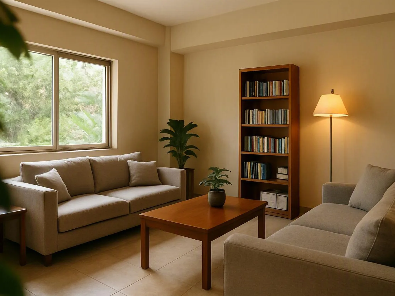 Comfortable living room with sofas, plants, bookcase, and lamp in a