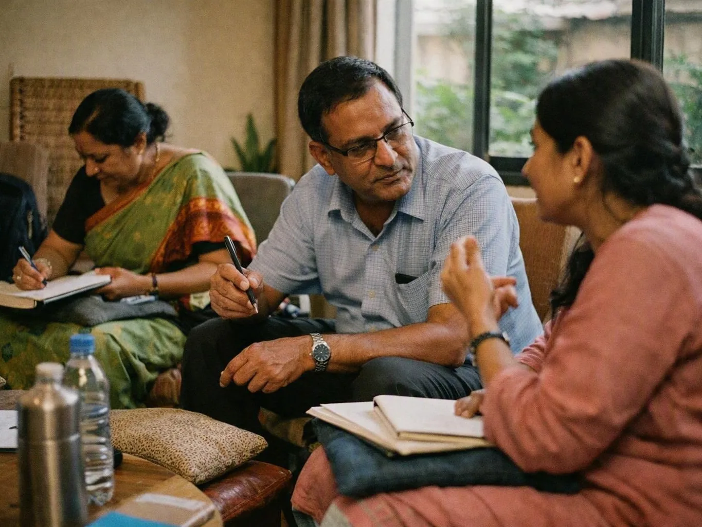 Three adults in a counselling room discuss treatment while two take notes