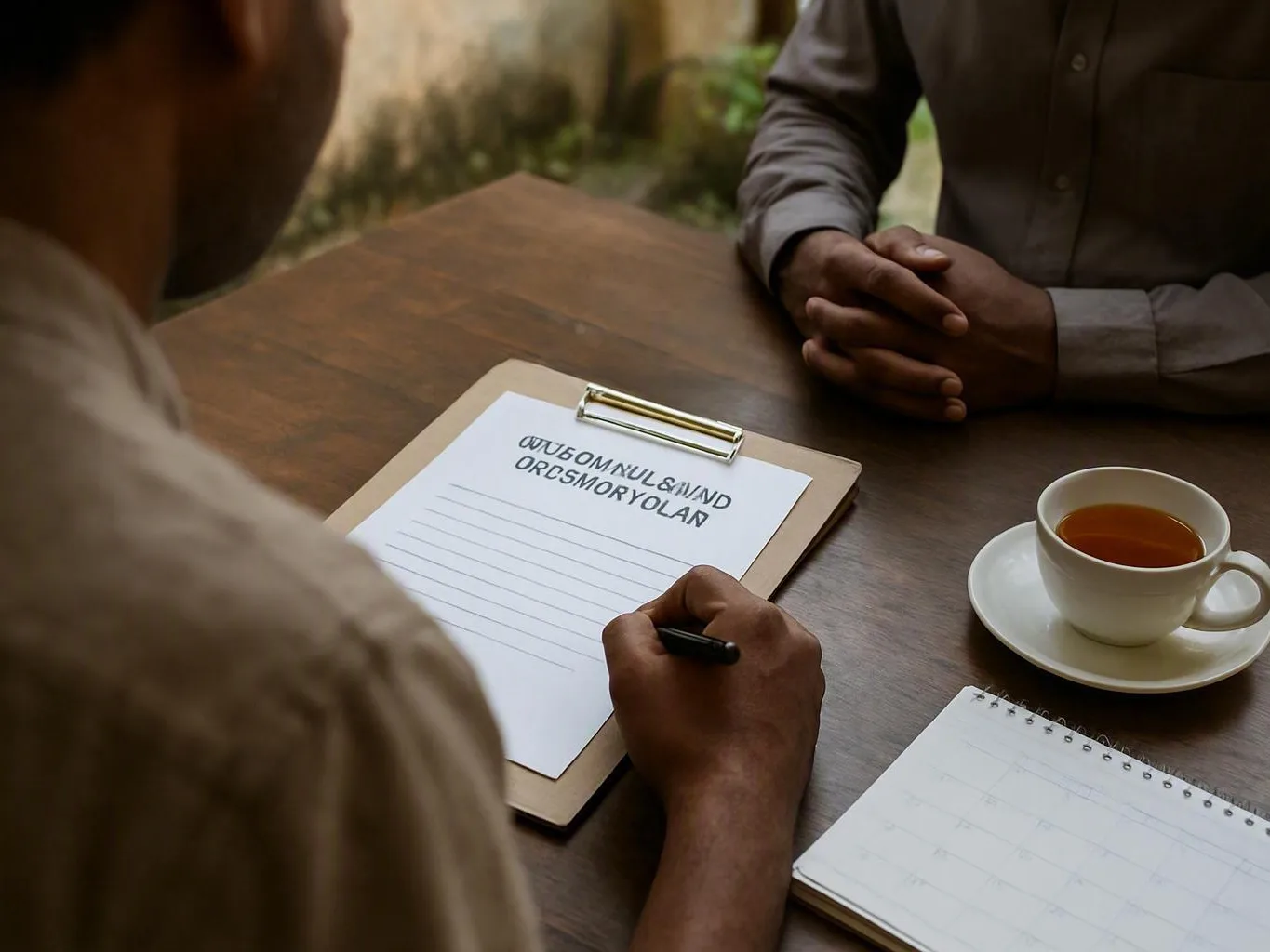 Person completes a clipboard assessment while another listens across a table
