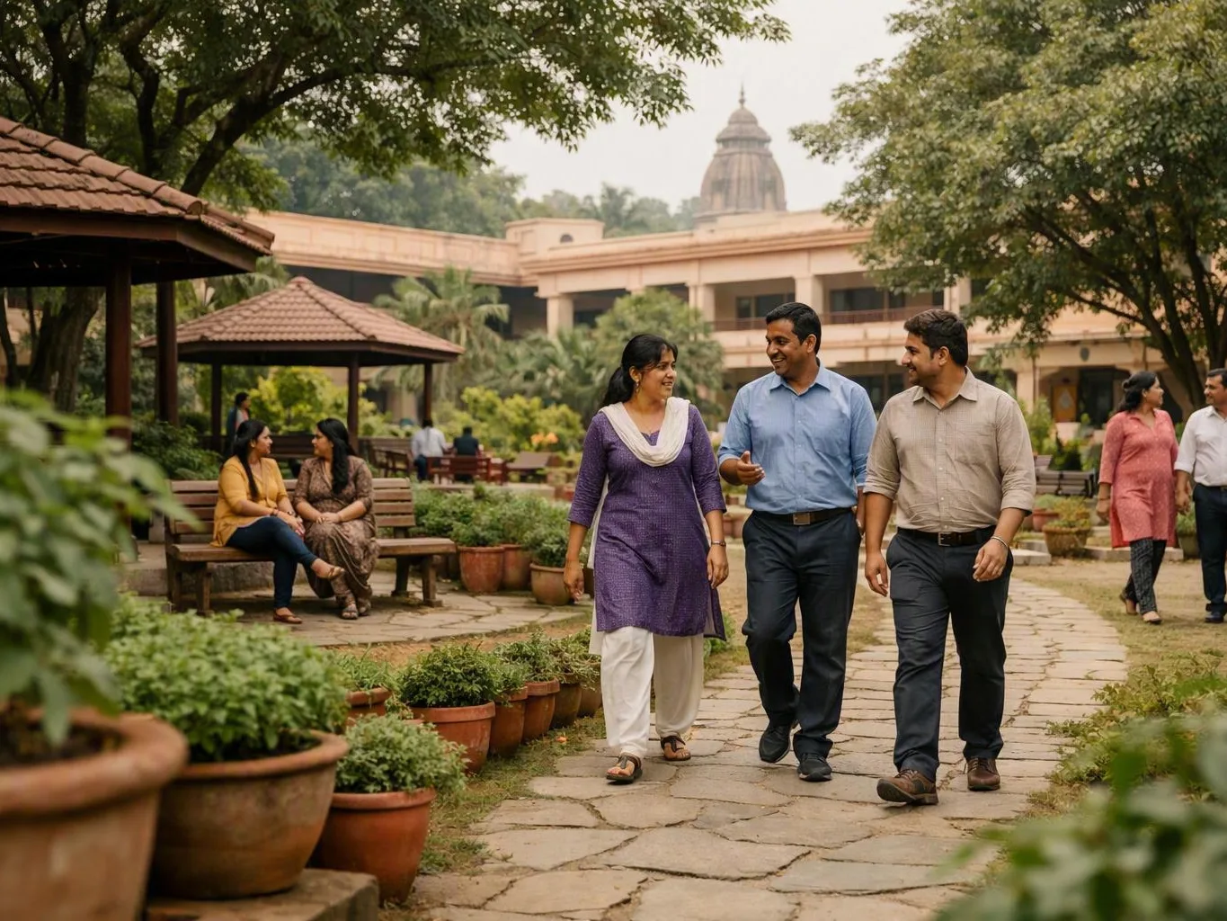 Three adults walk and talk through a leafy courtyard with benches and potted