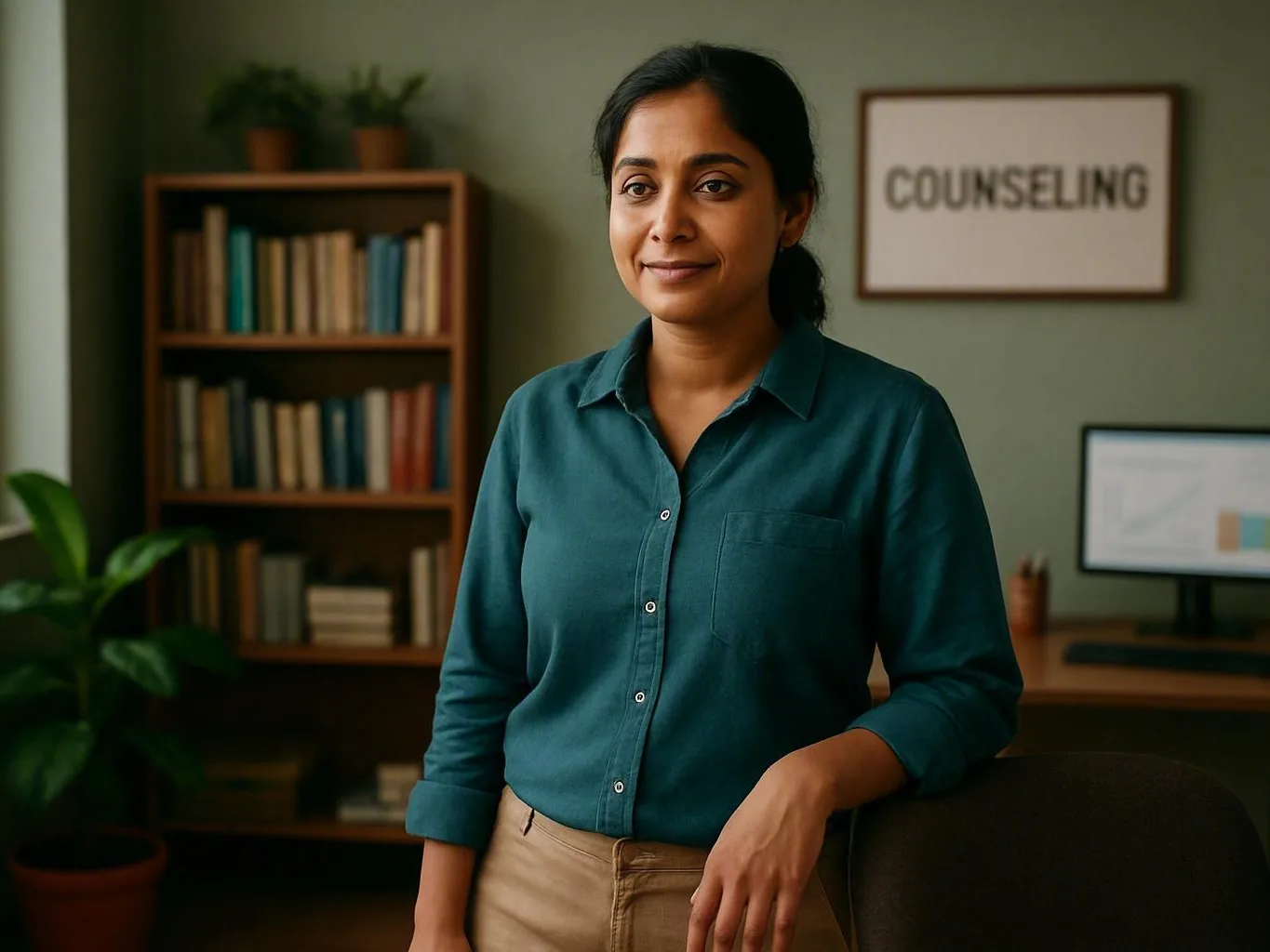 Woman in a counselling office beside a chair, bookshelves, plant, desk, and