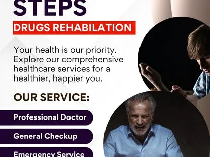 STEPS drug rehabilitation poster showing two distressed people beside treatment