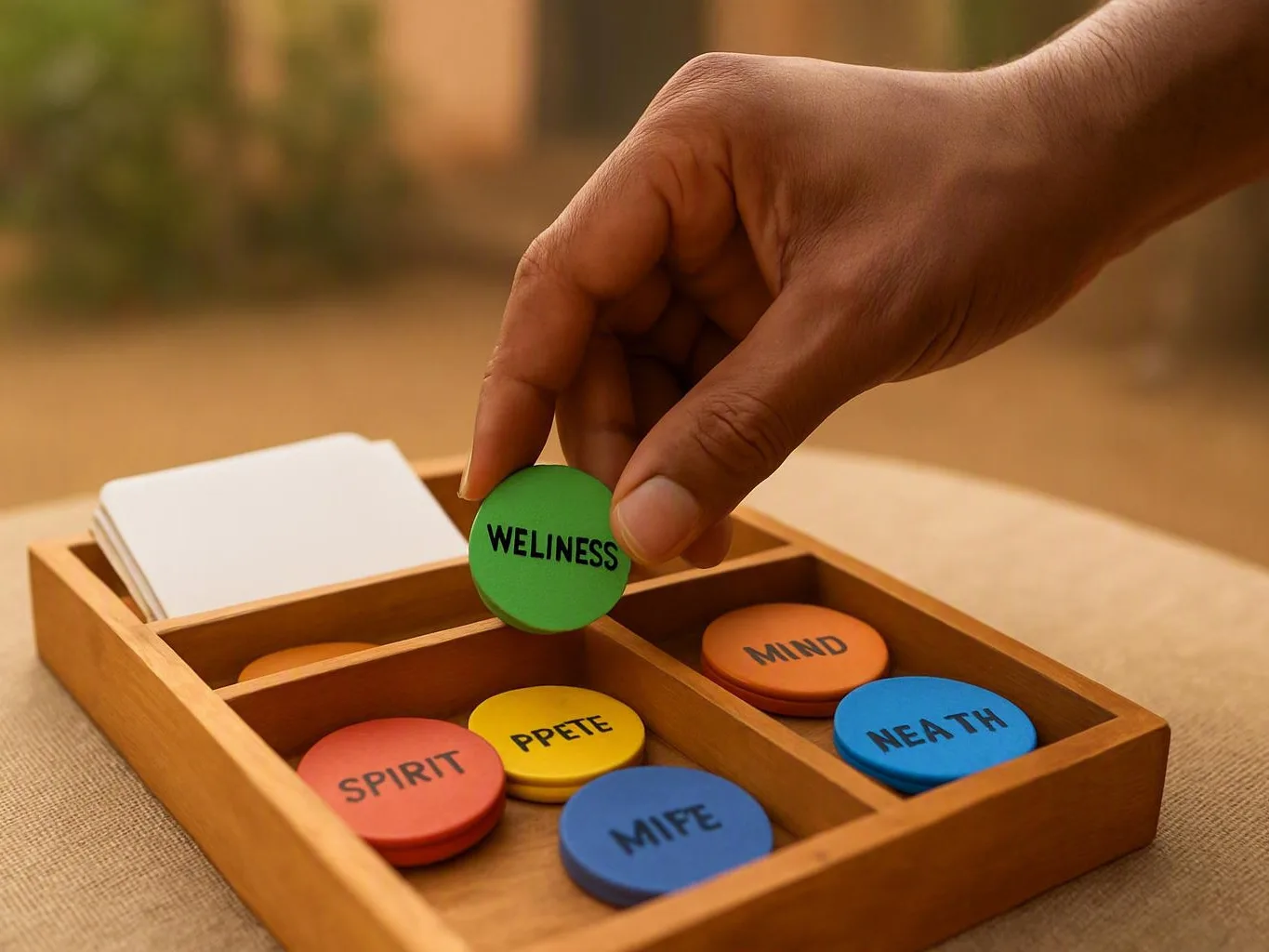 Hand placing a green wellness token into a wooden tray with other labeled discs