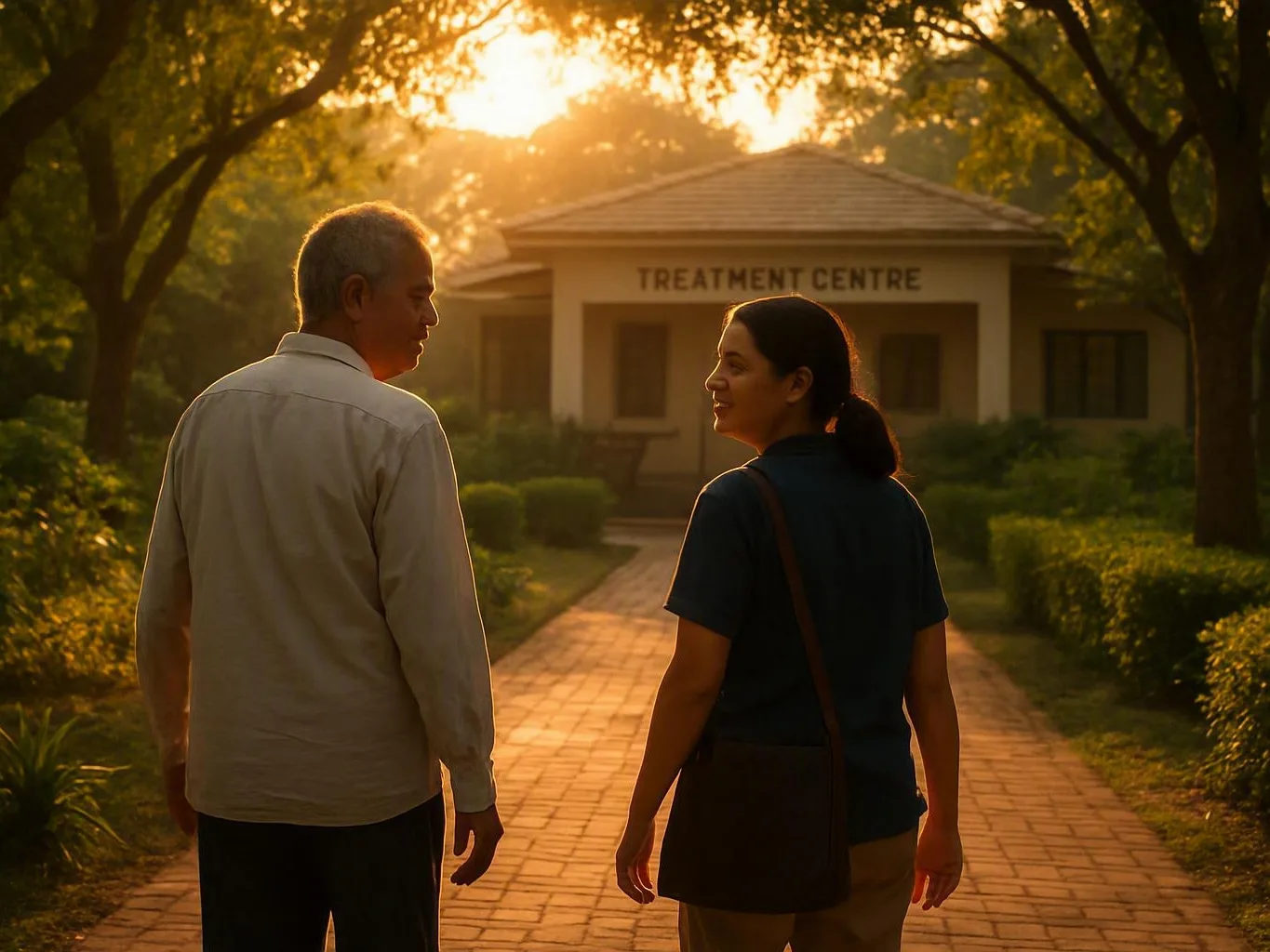 Two people walk along a brick path toward a building marked TREATMENT CENTRE at