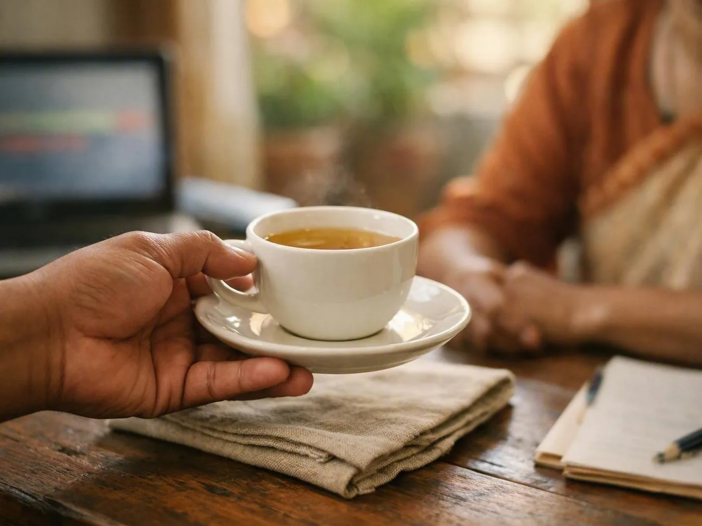 Hand holding steaming coffee near a seated person at a wooden table