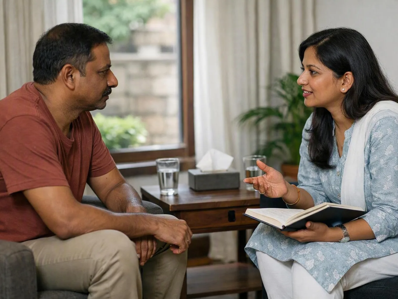 Woman discusses notes with a man in a living room during a counseling conversation